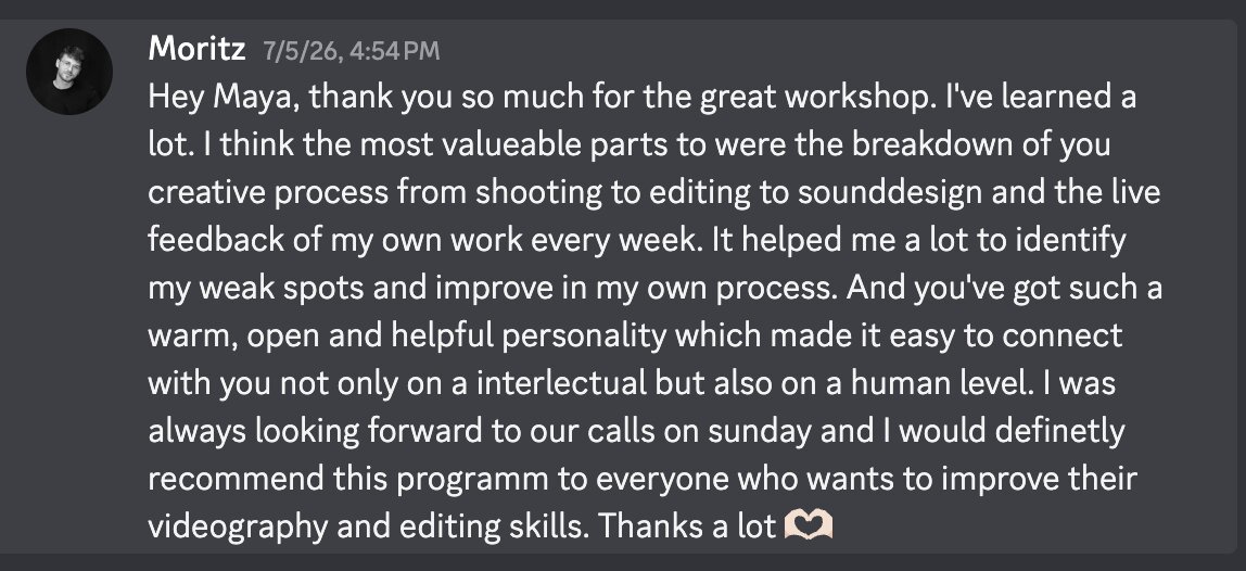 Discord message from Moritz thanking Maya for the workshop