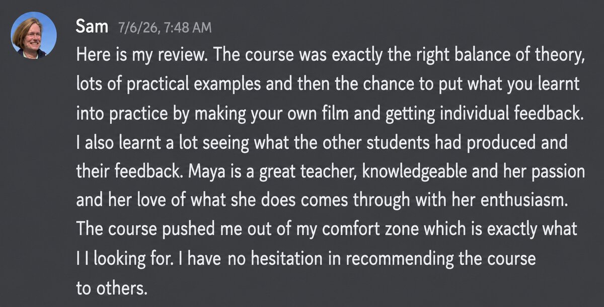 Discord message from Sam reviewing the course